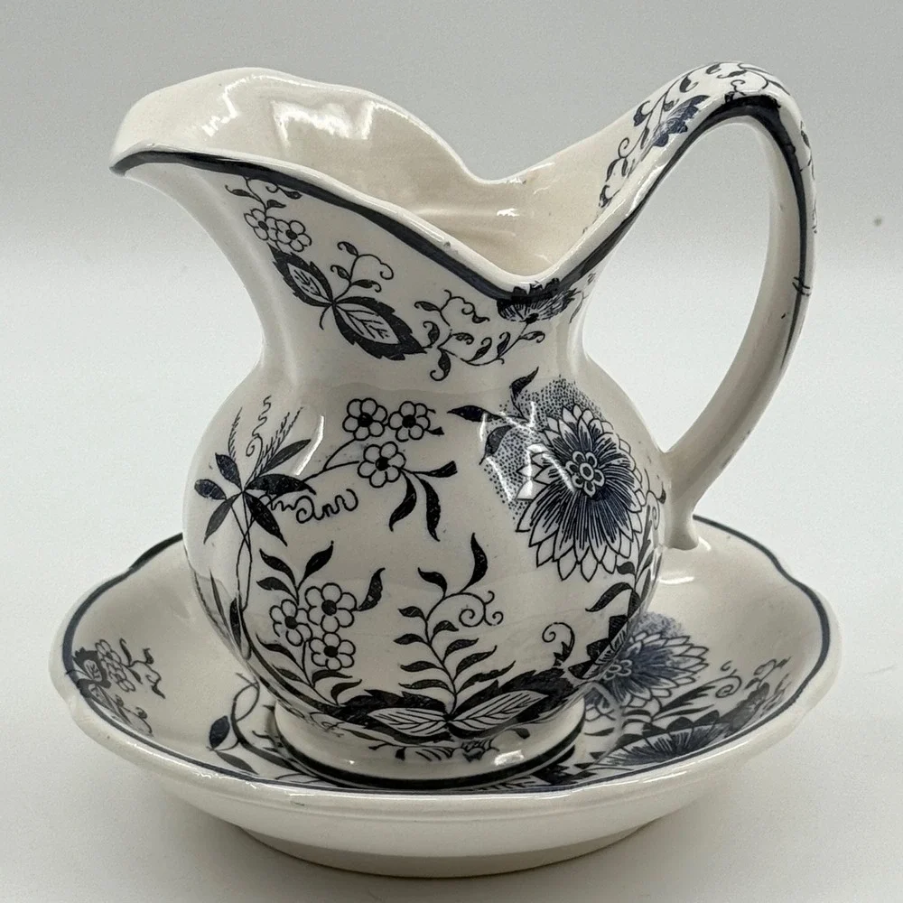 Vintage 70s Enesco Japan Cream Pitcher Plate Set Floral Blue Design Cottagecore‎